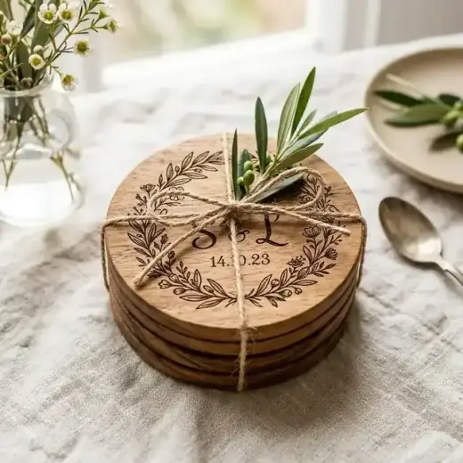 Tatakan Gelas Kayu Jati Grafir Wreath