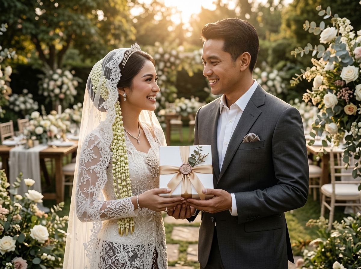 Visualisasi Pasangan Pengantin Memegang Hampers Pernikahan VIP Hardbox Pita Emas