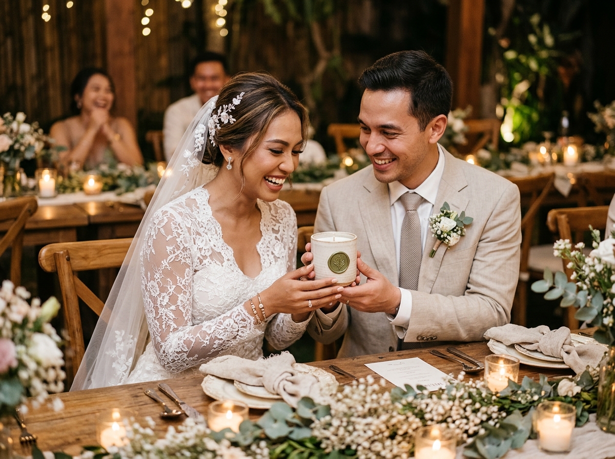 Visualisasi Pasangan Pengantin Menampilkan Lilin Aromaterapi Keramik Handmade Wax Seal di Meja Resepsi