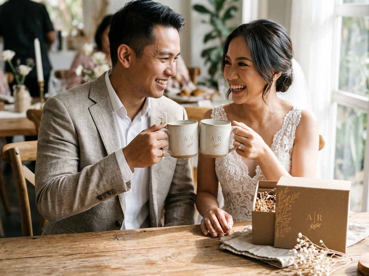 Visualisasi Pasangan Pengantin Menikmati Minuman dengan Mug Keramik Custom Monogram