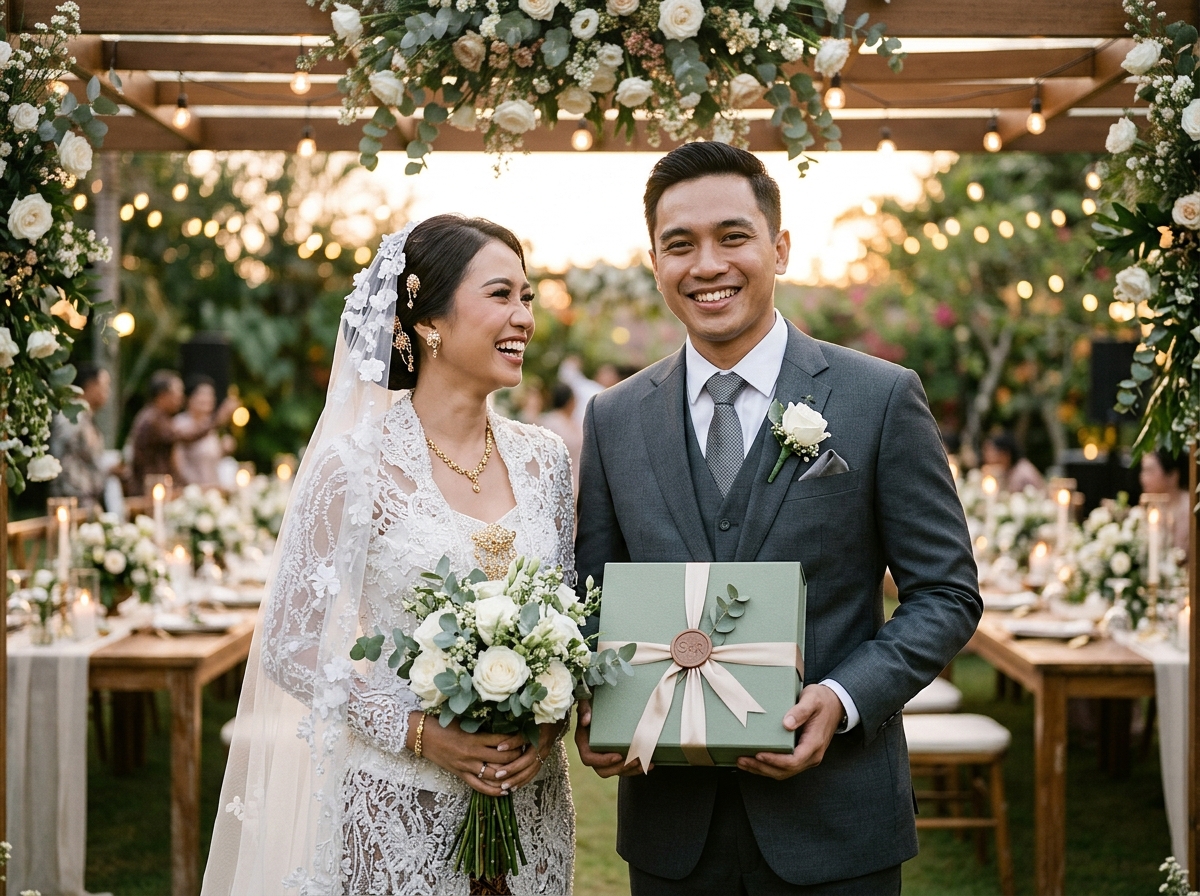 Visualisasi Pasangan Pengantin Memegang Souvenir Tradisional Botanical Gift Box Sage Green