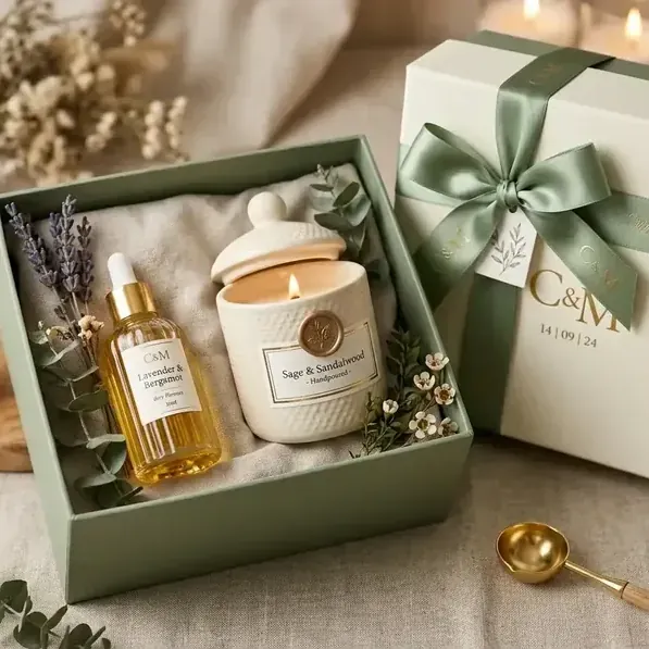 Souvenir pernikahan tema hijau sage elegan dengan lilin aromaterapi dan botol minyak
