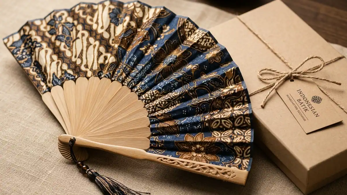 Kipas batik tradisional dengan rangka bambu dan motif Nusantara untuk souvenir pernikahan