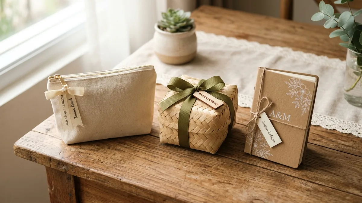Rekomendasi souvenir pernikahan budget Rp10000 pouch blacu dan besek bambu