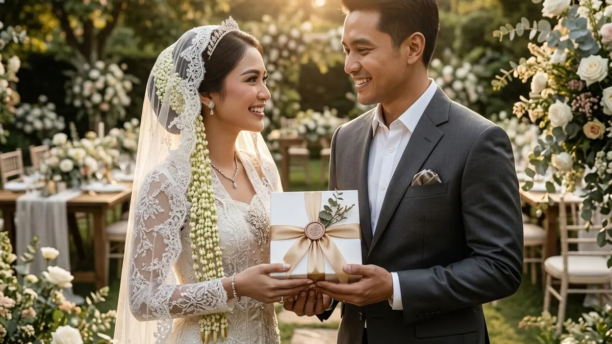 Souvenir pernikahan premium untuk tamu VIP berupa gift set kotak hardbox eksklusif pita emas